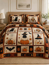Black Cat Halloween Pumpkin Quilted 3-Piece Bedding Set