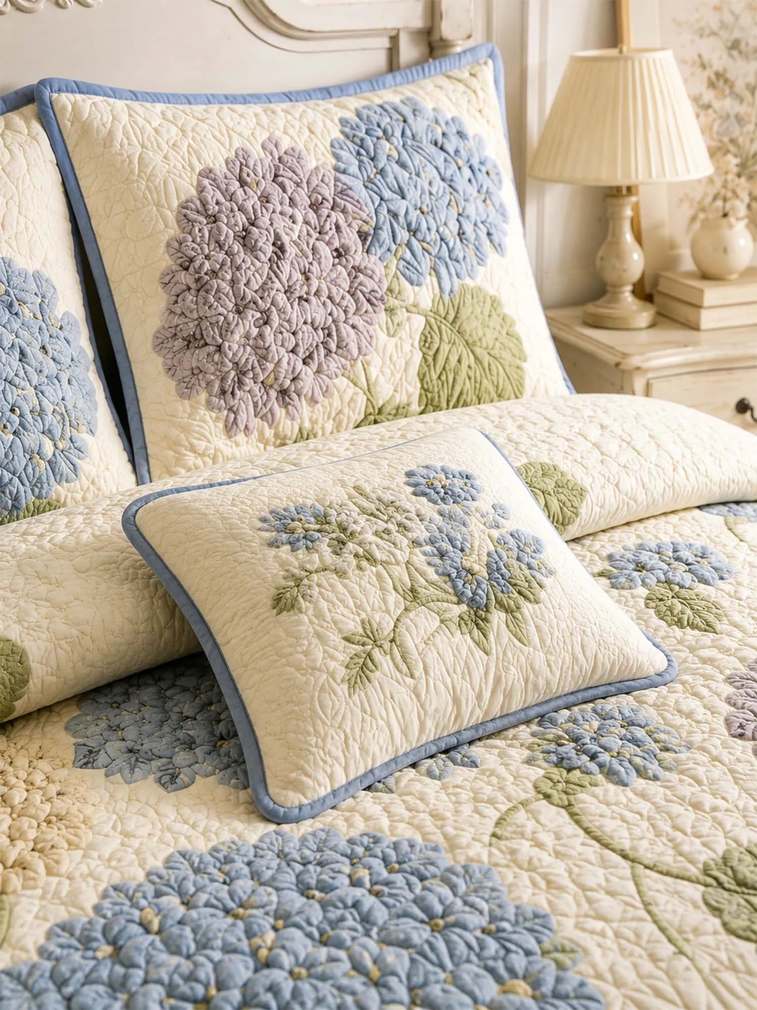 Hydrangea Floral Quilted 3-Piece Bedding Set – Luxury Quilted Bedding with Matching Pillow Shams
