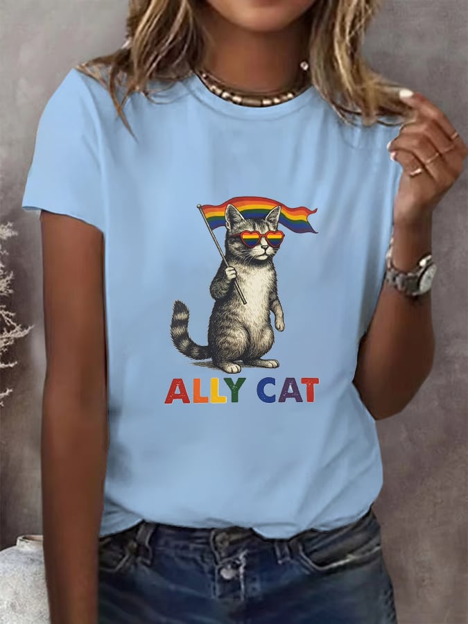 Women's Gay Month Rainbow Print Casual Crew Neck   T-Shirt
