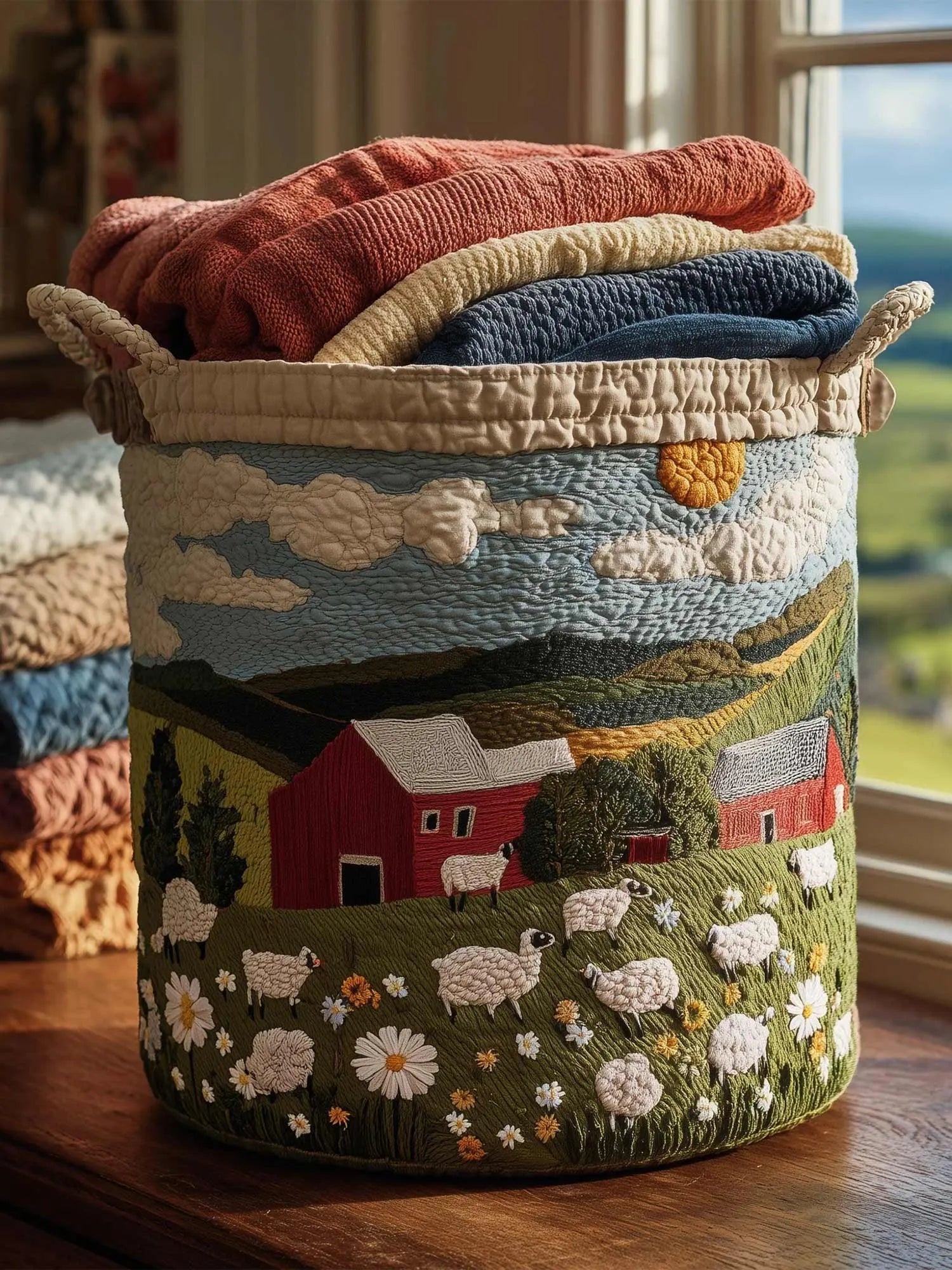 Sheep Meadow Quilted Laundry Basket