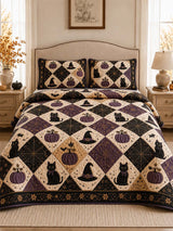 Halloween Cat Pumpkin Quilted 3-Piece Bedding Set