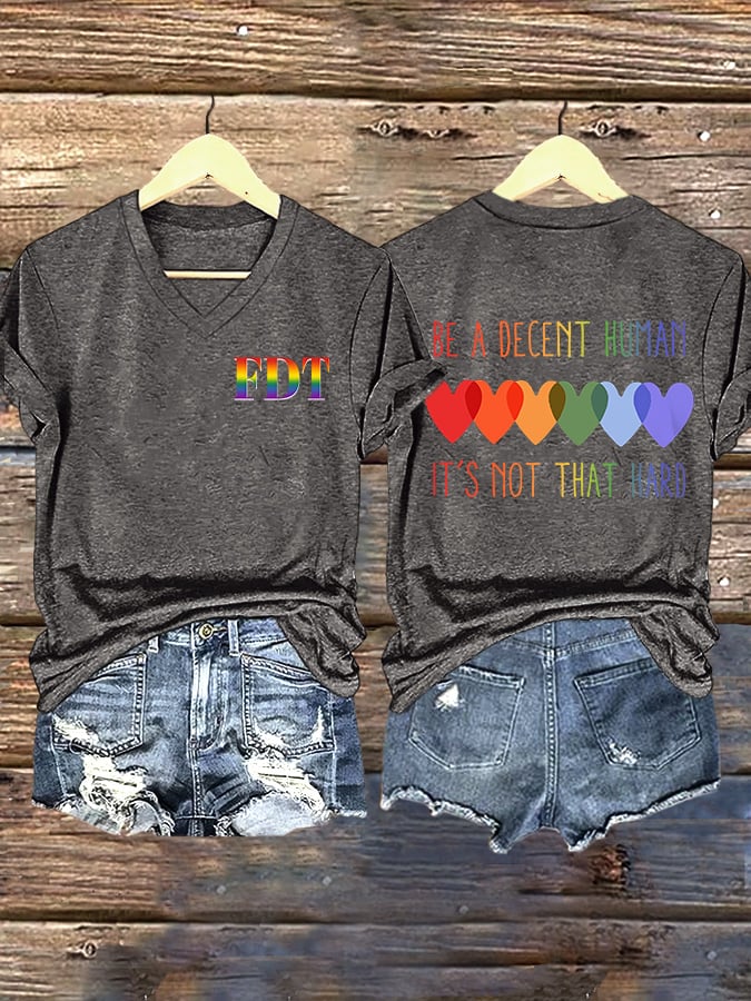 V-Neck Retro FDT Be A Decent Human It's Not That Hard Print T-Shirt
