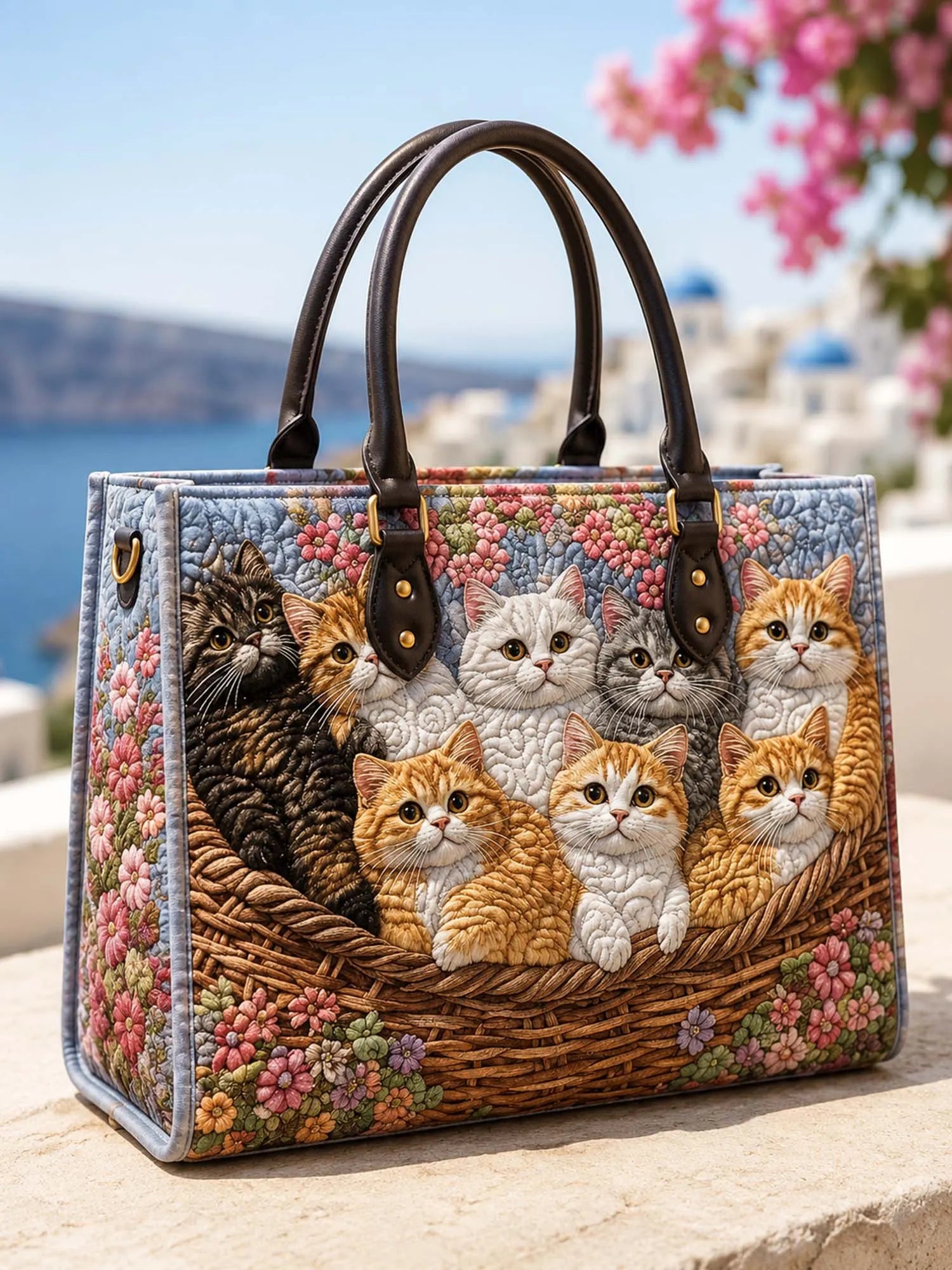 Cat Family Quilted Leather Strap Bible Handbag