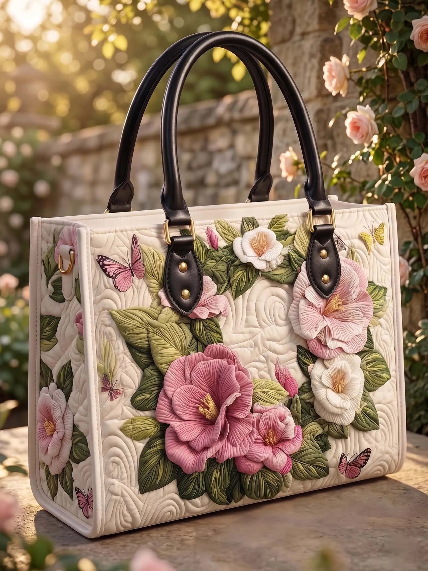 Flower Quilted Leather Strap Bible Handbag