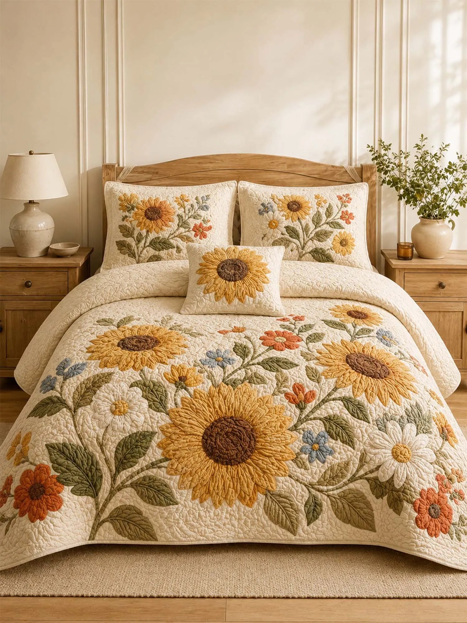 Farmhouse Sunflower Floral Quilted Bedding Set – Cozy Luxury Quilt Bedding with Matching Pillow Shams
