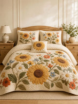 Farmhouse Sunflower Floral Quilted Bedding Set – Cozy Luxury Quilt Bedding with Matching Pillow Shams