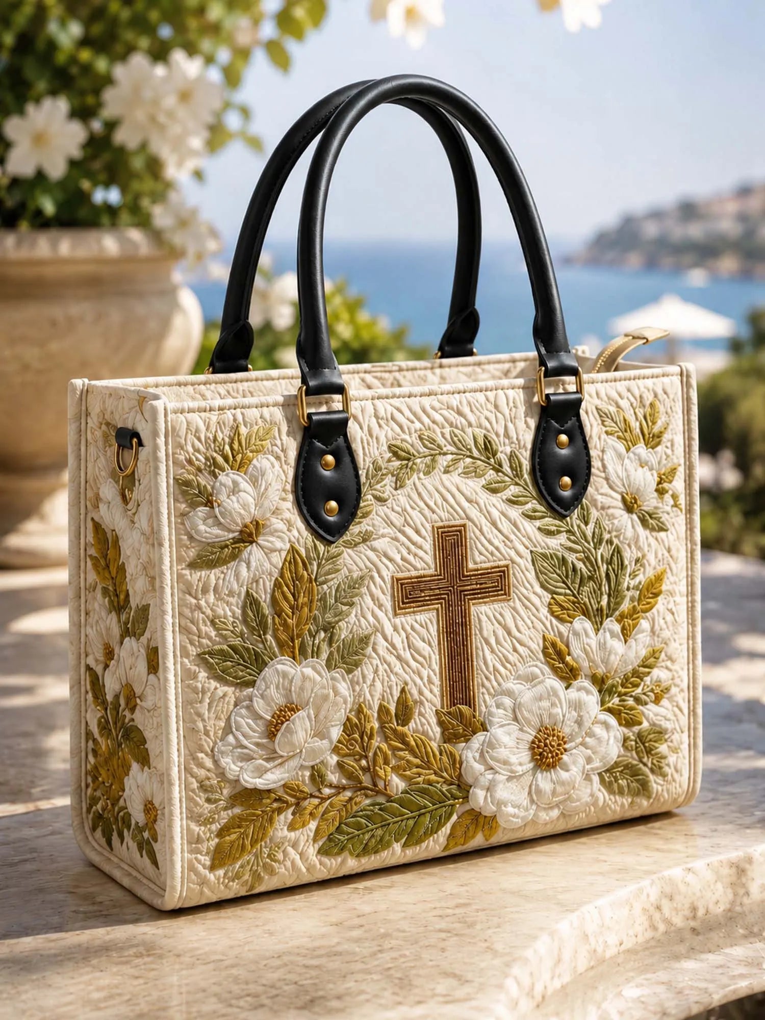 Holy Cross Quilted Leather Strap Bible Handbag