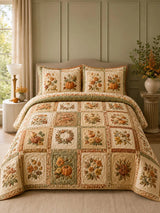 Pumpkin Harvest Quilted 3-Piece Bedding Set – Vintage Farmhouse Quilted Bedding With Matching Pillow Shams