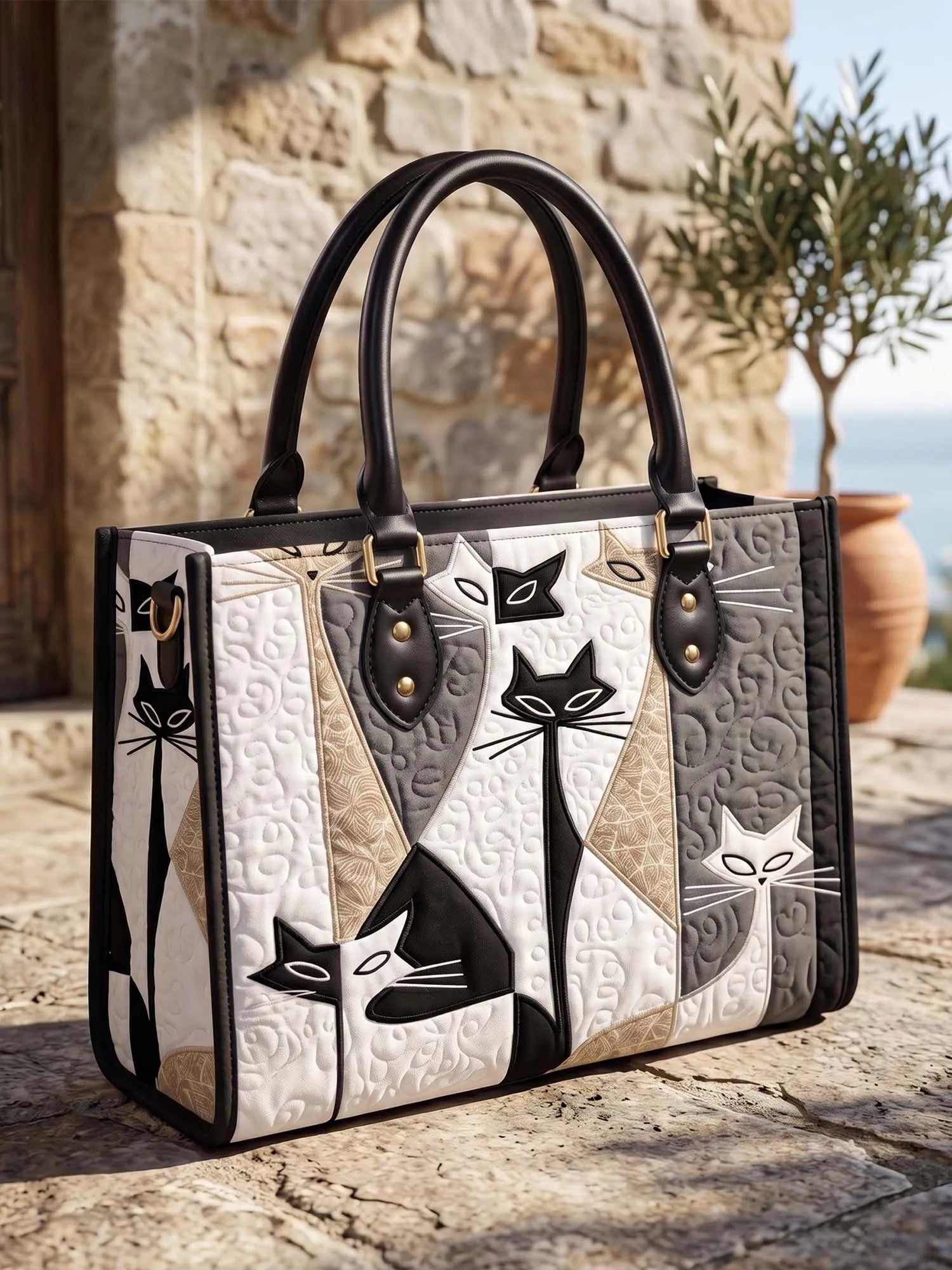 Art Cat Quilted Leather Strap Bible Handbag