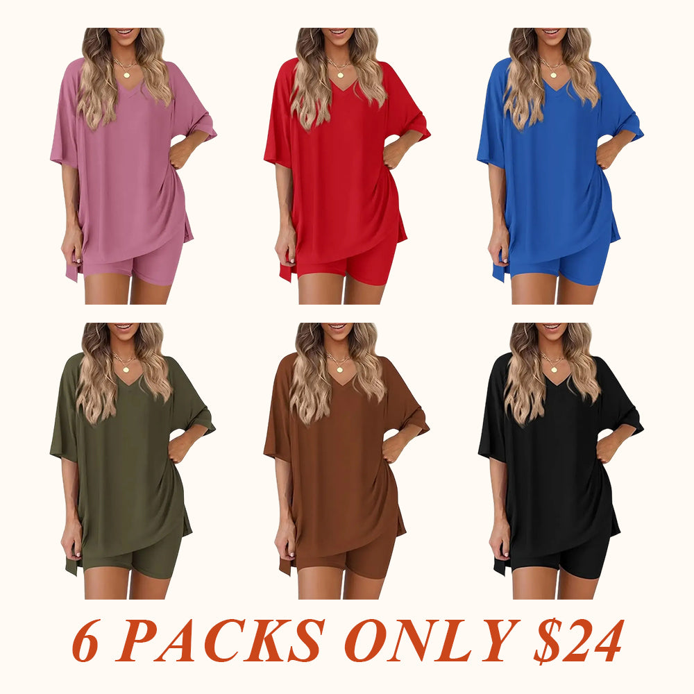 V Neck 2 Piece Sets for Women Summer Lounge Short Set Spring Matching Biker Shorts Oversized Shirt Clothing
