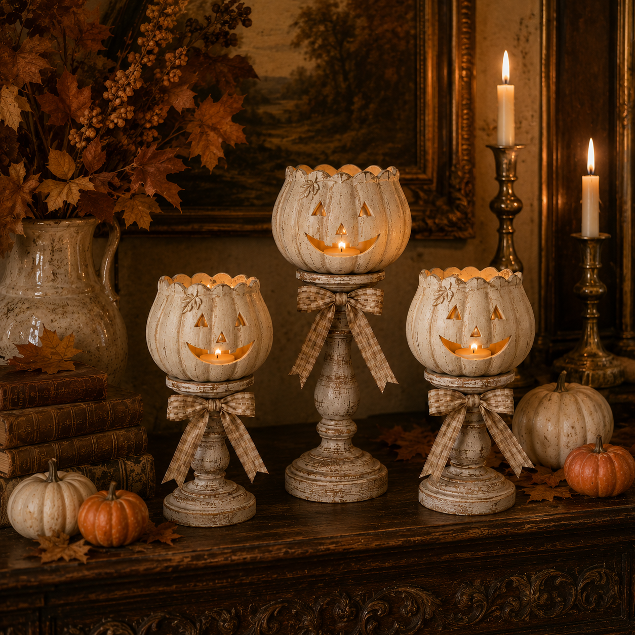 Harvest Glow White Pumpkin Tealight Holders – Set of 3