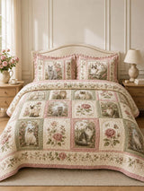 Vintage Rose Cat Garden Quilted 3-Piece Bedding Set