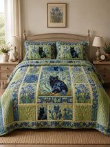 Blue Iris Cat Garden Quilted 3-Piece Bedding Set