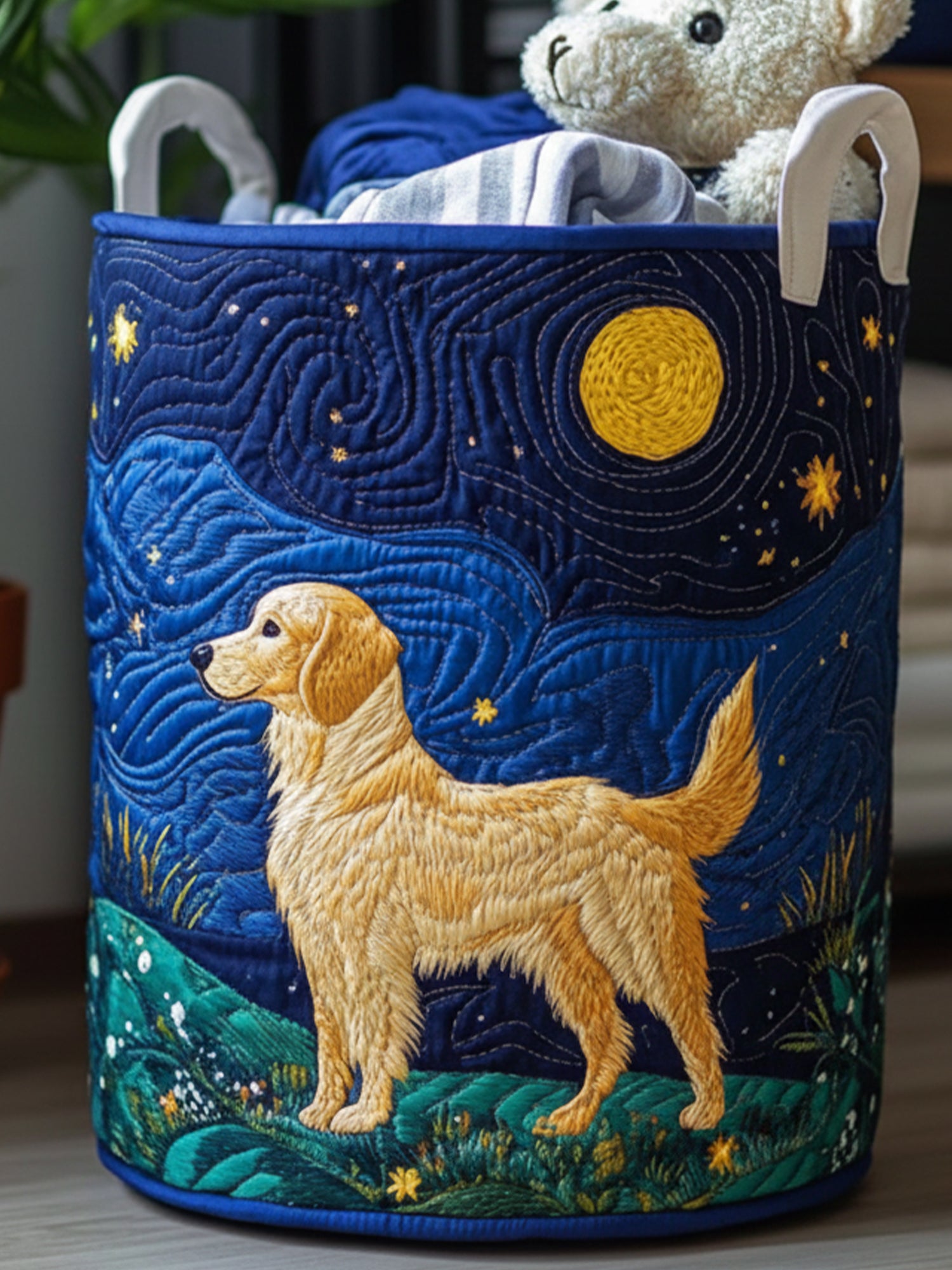 Golden Dog Charm Quilted Laundry Basket