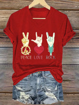 Women's Colorful Peace And Love Print V Neck T-Shirt Top