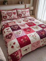 Rose And Heart Valentine's Day 3- Piece Quilted Bedding Set