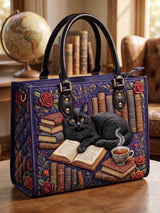Book And The Black Cat Quilted Leather Strap Bible Handbag