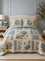 Blue Hydrangea Quilted 3-Piece Bedding Set – Classic Americana Quilted Bedding With Matching Pillow Shams