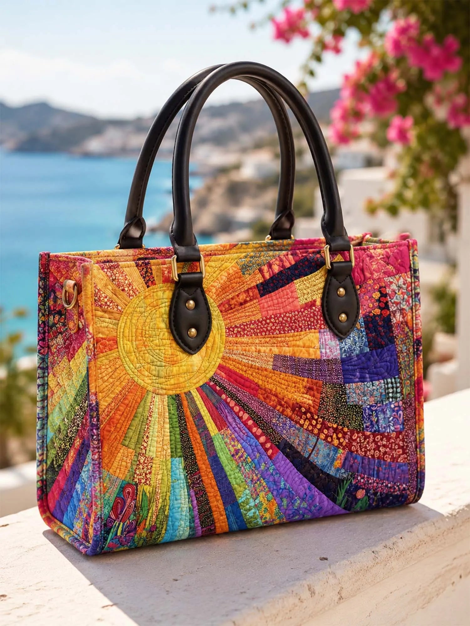Hippie Sun Quilted Leather Strap Bible Handbag
