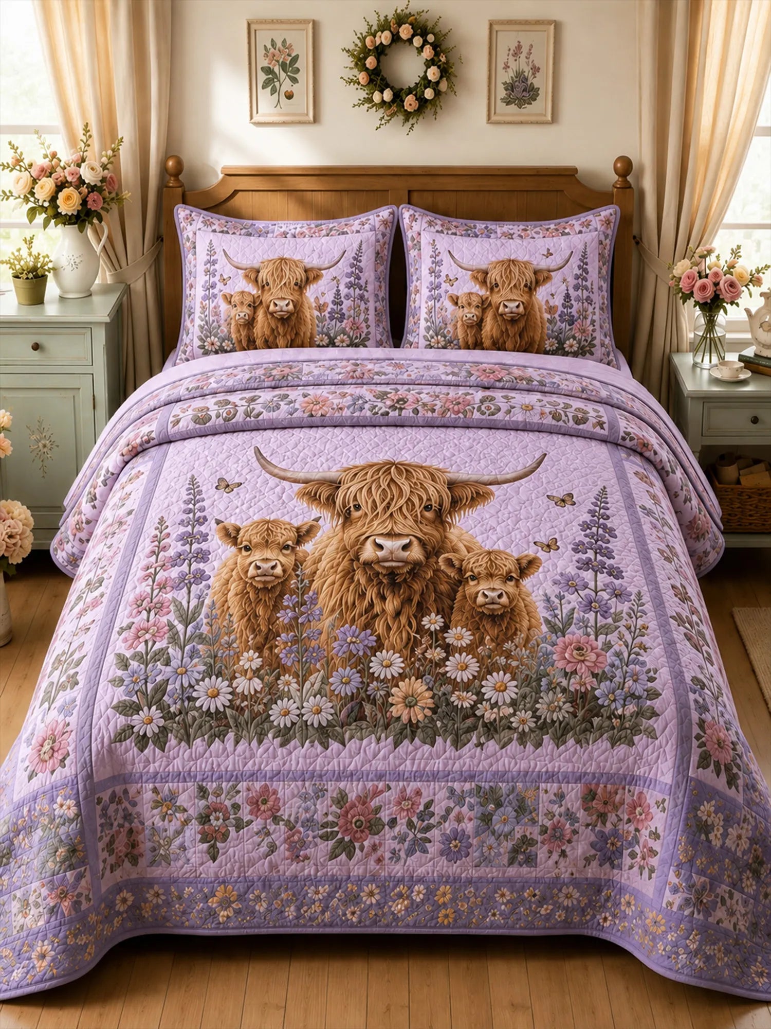 Garden Highland Cow Gathering 3-Piece Quilted Bedding Set