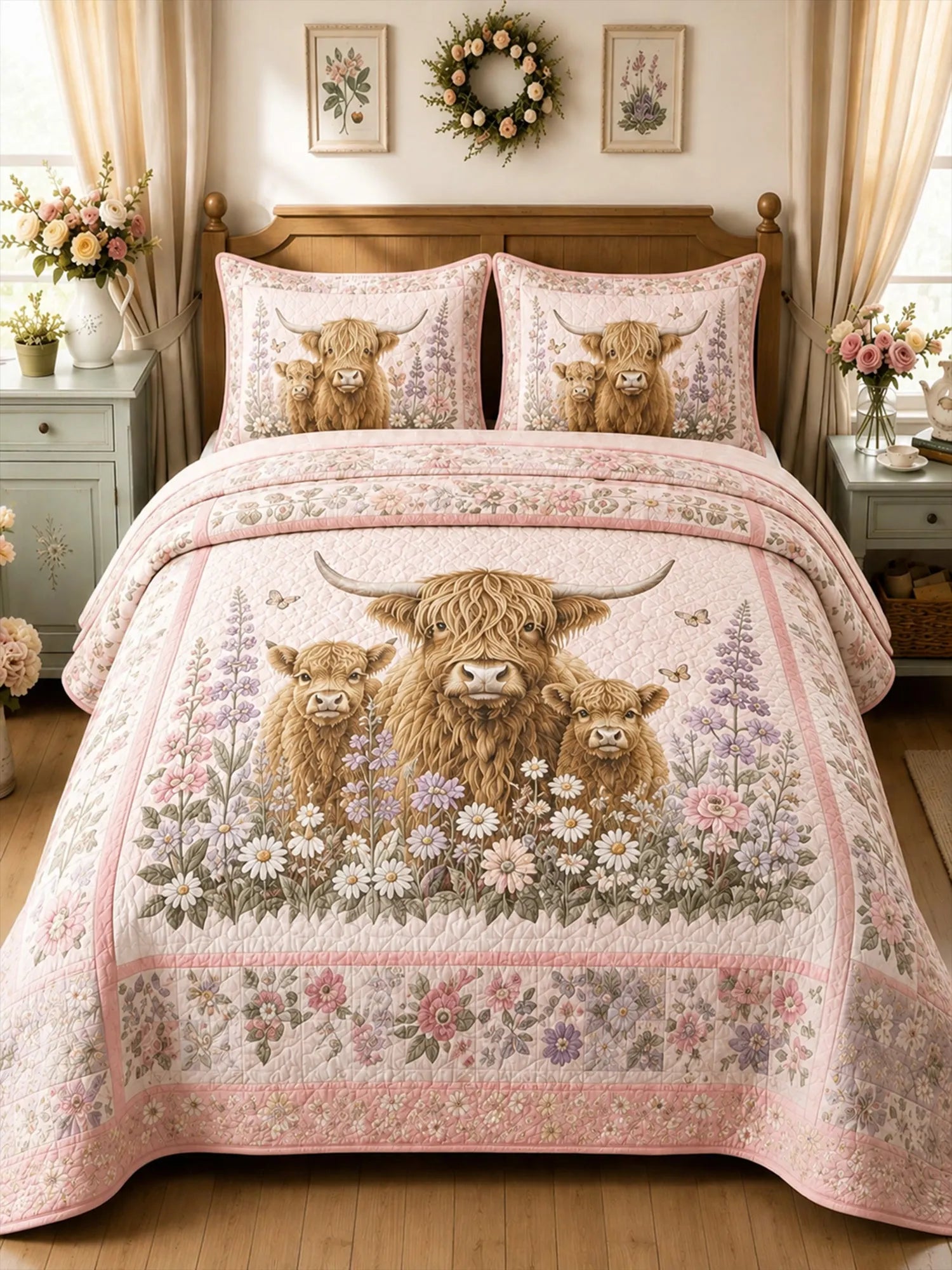 Garden Highland Cow Gathering 3-Piece Quilted Bedding Set
