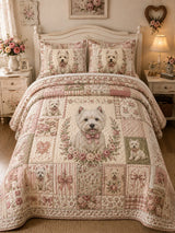 Patchwork Westie Cottage Rose 3‐Piece Quilted Bedding Set