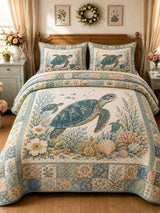 Vintage Ocean Turtle Beach Floral Patchwork 3‐Piece Quilted Bedding Set