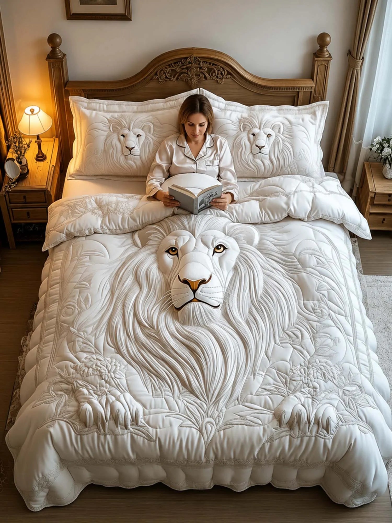 White Lion 3-Piece Quilted Bedding Set