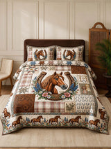 Western Horse Quilted 3-Piece Bedding Set – Luxury Quilted Bedding with Matching Pillow Shams