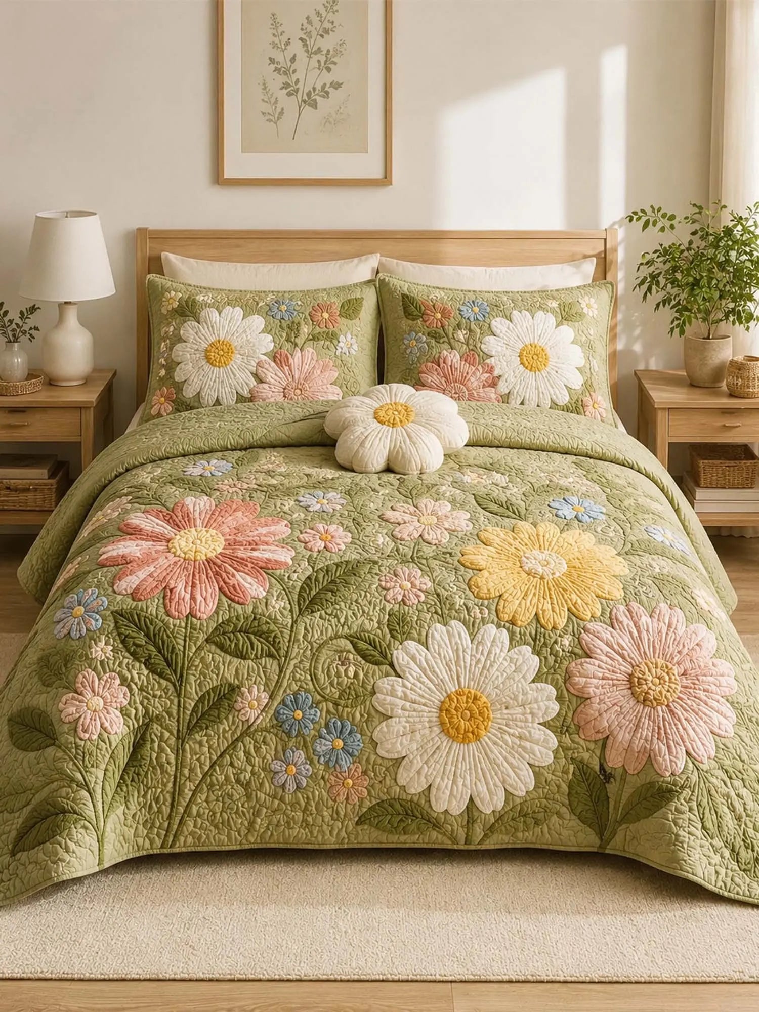 Daisy Floral Quilted 3-Piece Bedding Set – Luxury Quilted Bedding with Matching Pillow Shams