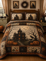 Vintage Halloween Manor Crow Black Cat Patchwork 3‐Piece Quilted Bedding Set