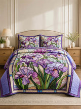 Purple Iris Quilted 3-Piece Bedding Set – Vintage Stained Glass Garden Quilted Bedding With Matching Pillow Shams
