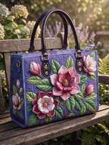 Purple Magnolia Floral Quilted Leather Strap Bible Handbag