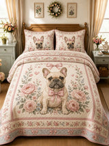 Bow Peony French Bulldog Farmhouse Floral 3‐Piece Quilted Bedding Set