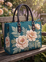 Teal Peony Floral Quilted Leather Strap Bible Handbag