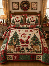Santa Reindeer Xmas Tree Patchwork 3‐Piece Quilted Bedding Set