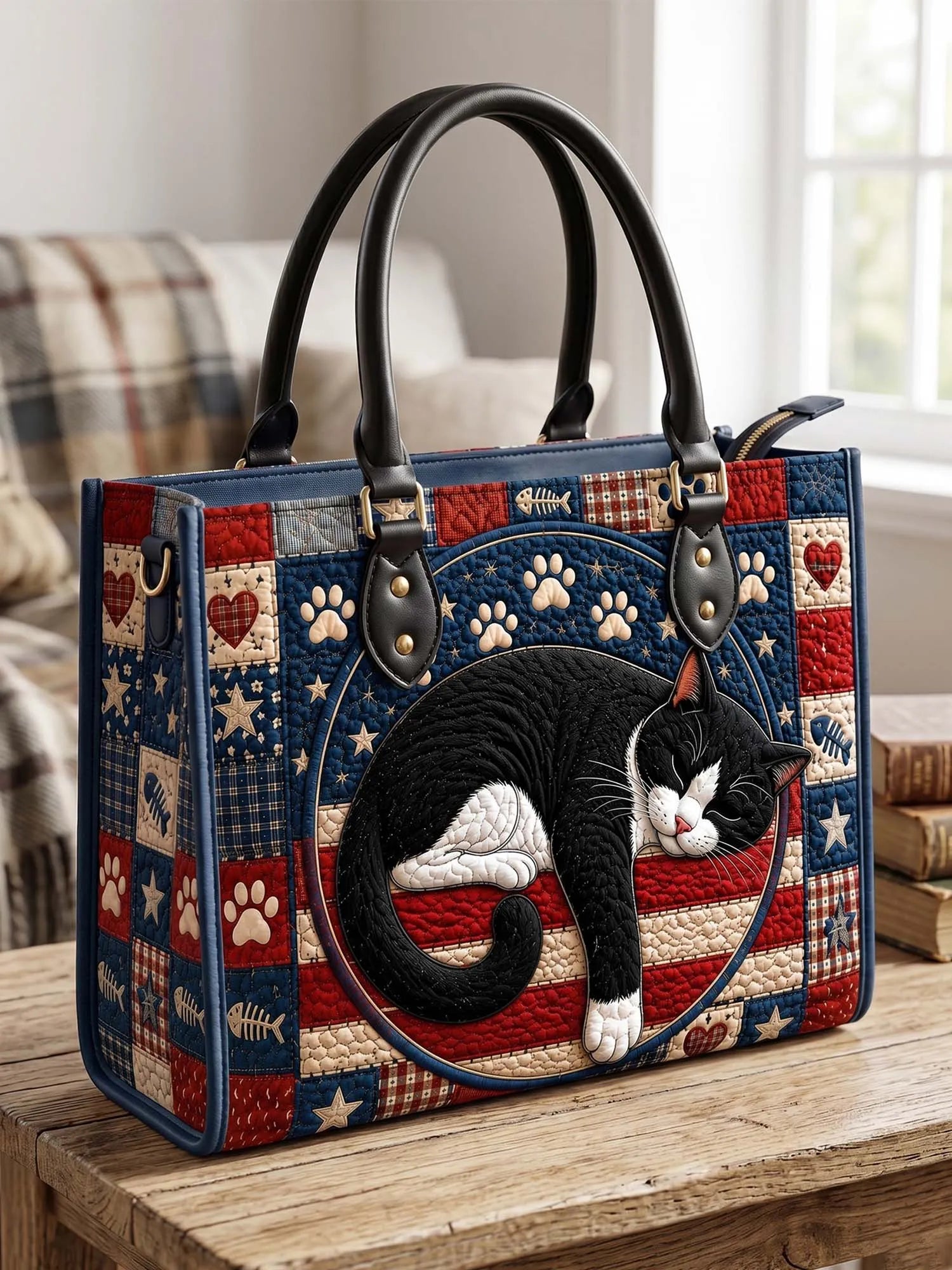 Patriotic Kitty Quilted Leather Strap Bible Handbag