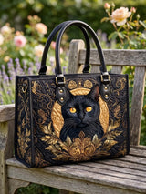 Black Cat Quilted Leather Strap Bible Handbag