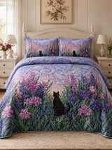 Twilight Wildflower Cat Quilted 3-Piece Bedding Set
