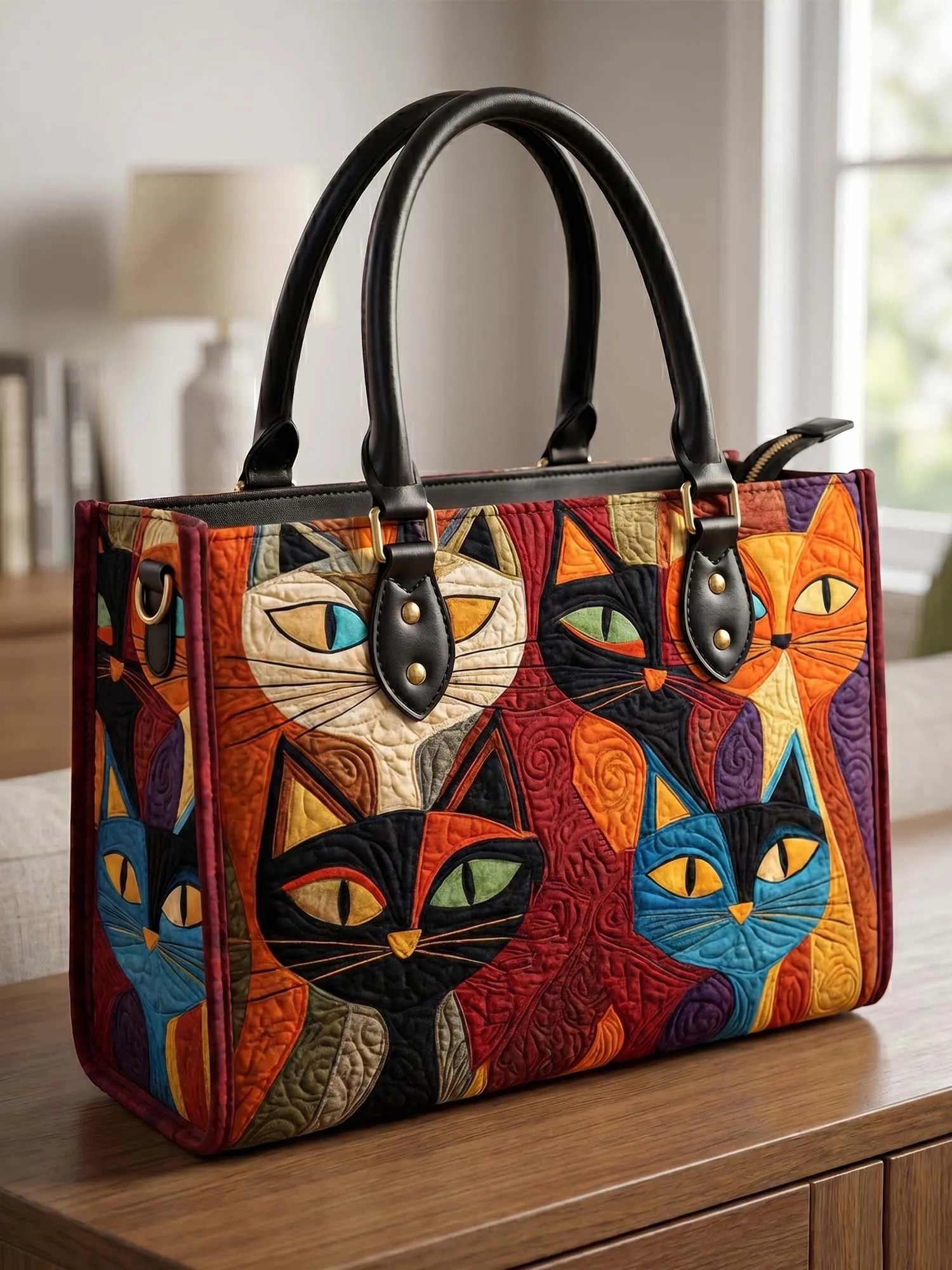 Colorful Cat Quilted Leather Strap Bible Handbag