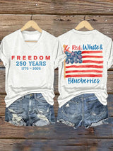 V-Neck Retro Independence Day Red, White & Blueberries Freedom Print T-Shirt