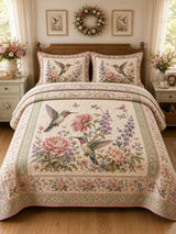 Vintage Hummingbird Spring Bloom Floral 3‐Piece Quilted Bedding Set