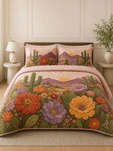 Desert Cactus Floral Quilted 3-Piece Bedding Set – Rustic Southwestern Quilted Bedding with Matching Pillow Shams
