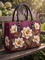 White Magnolia Floral Quilted Leather Strap Bible Handbag
