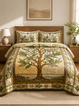 Tree of Life Quilted 3-Piece Bedding Set – Vintage Stained Glass Botanical Quilted Bedding With Matching Pillow Shams