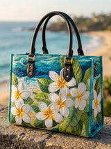 Plumeria Flowers Quilted Leather Strap Bible Handbag
