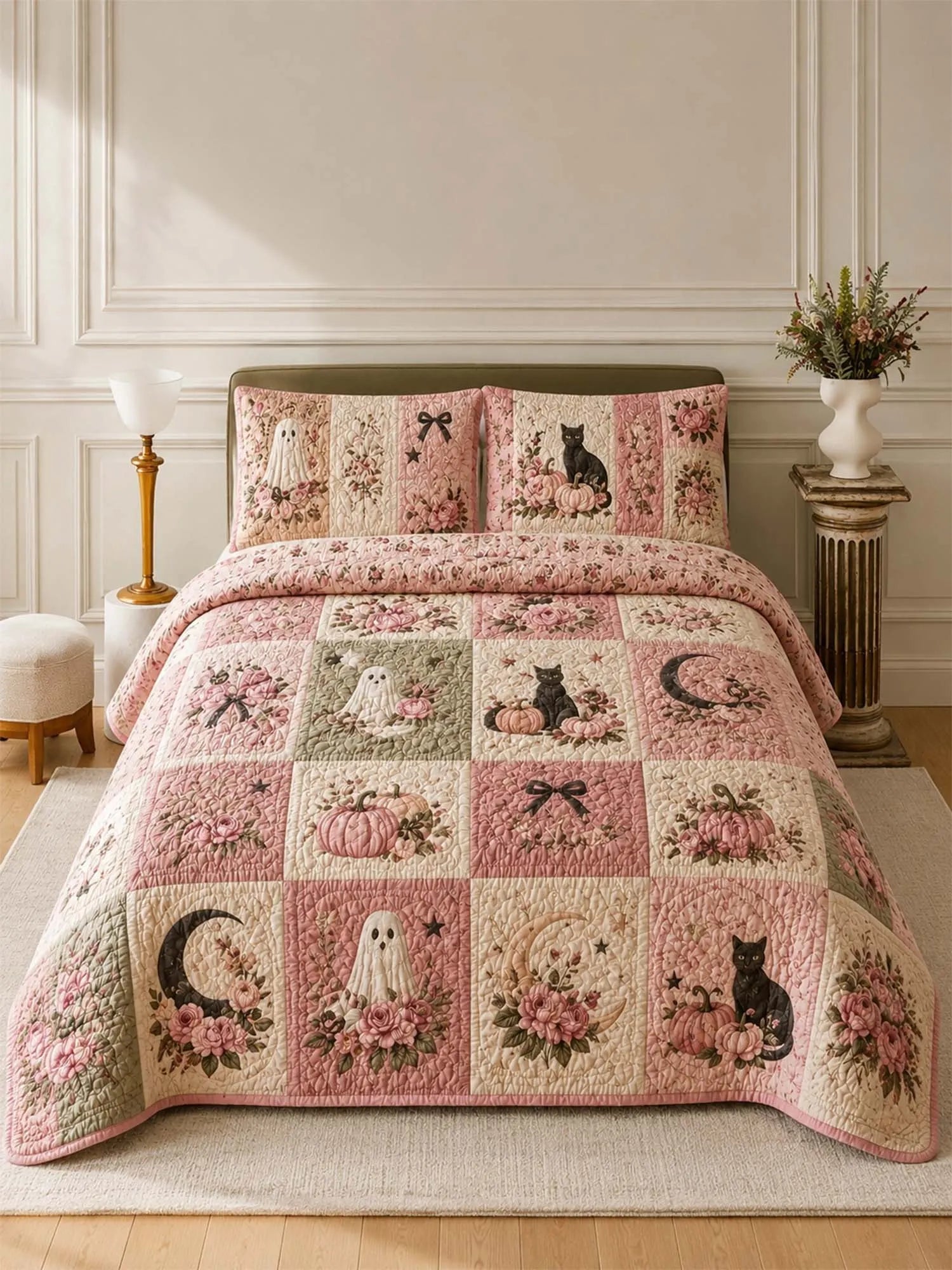 Pumpkin Cat Ghost Garden Quilted 3-Piece Bedding Set