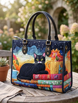 Black Cat And Book Quilted Leather Strap Bible Handbag