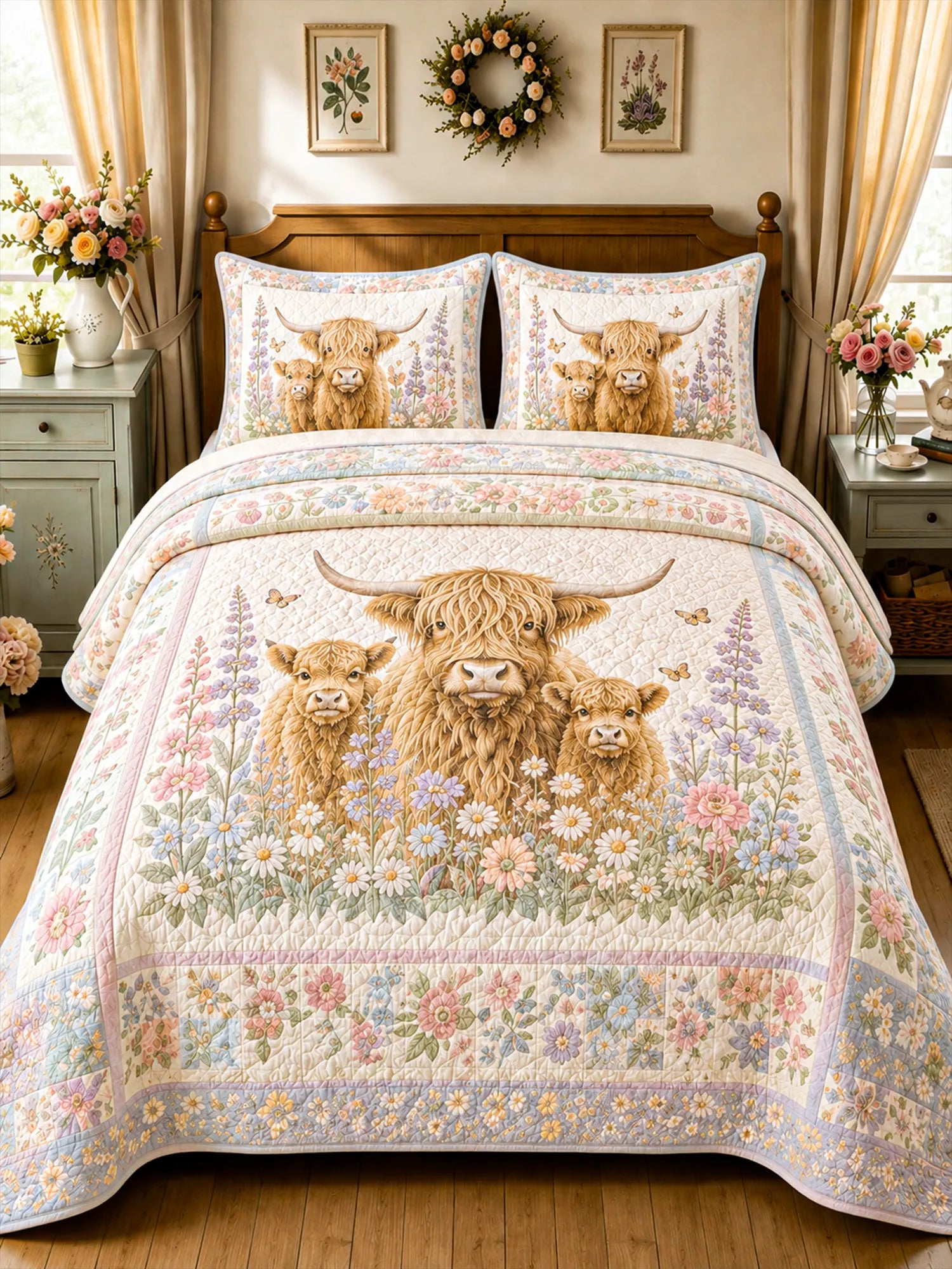 Garden Highland Cow Gathering 3-Piece Quilted Bedding Set