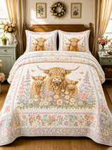 Garden Highland Cow Gathering 3-Piece Quilted Bedding Set